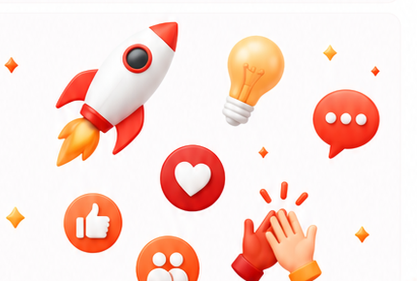 BRP 3D asset cluster — rocket, lightbulb, speech, heart, thumbs up, clapping hands